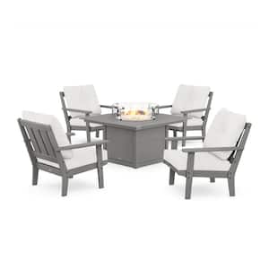 Oxford 5-Pieces Plastic Patio Fire Pit Deep Seating Set in Slate Grey with Natural Linen Cushions