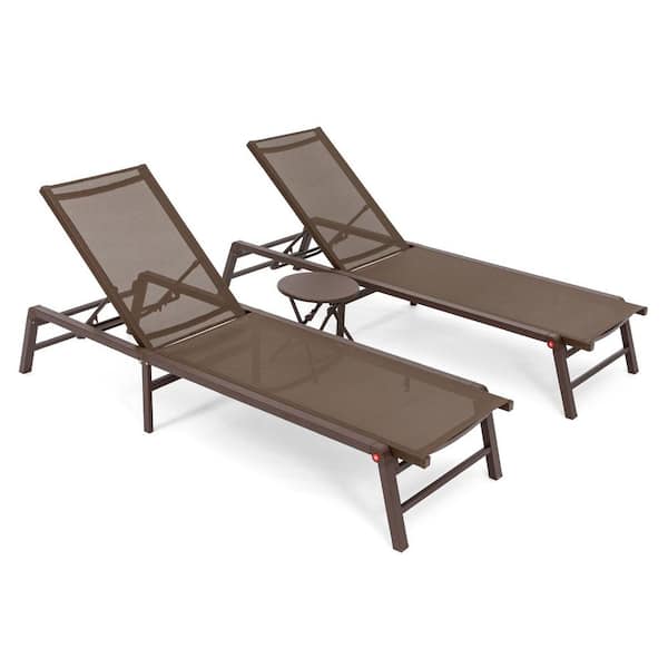 FHVIT Outdoor Patio Chaise Lounge and Table Aluminum Folding Pool Lounge Chair with 5-Position Adjustable, Brown 3-Pieces