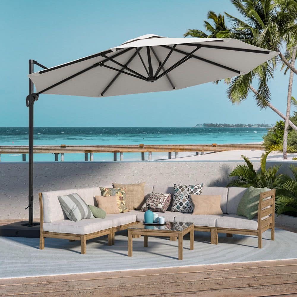 black and tan and white striped patio umbrella Abba Patio 9ft Outdoor Patio Umbrella, Push Button Tilt and Crank, 8 Ribs, Black & Cream Stripe