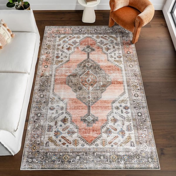 Sia SplashGuard Vintage Southwestern Machine Washable Area Peach 3 ft. x 12 ft. Indoor Runner Rug