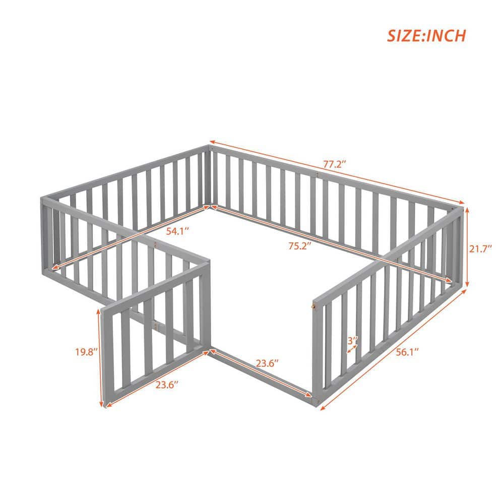 Walnut Brown Wood Frame Full Upholstered Platform Bed with Fence - thumbnail 3