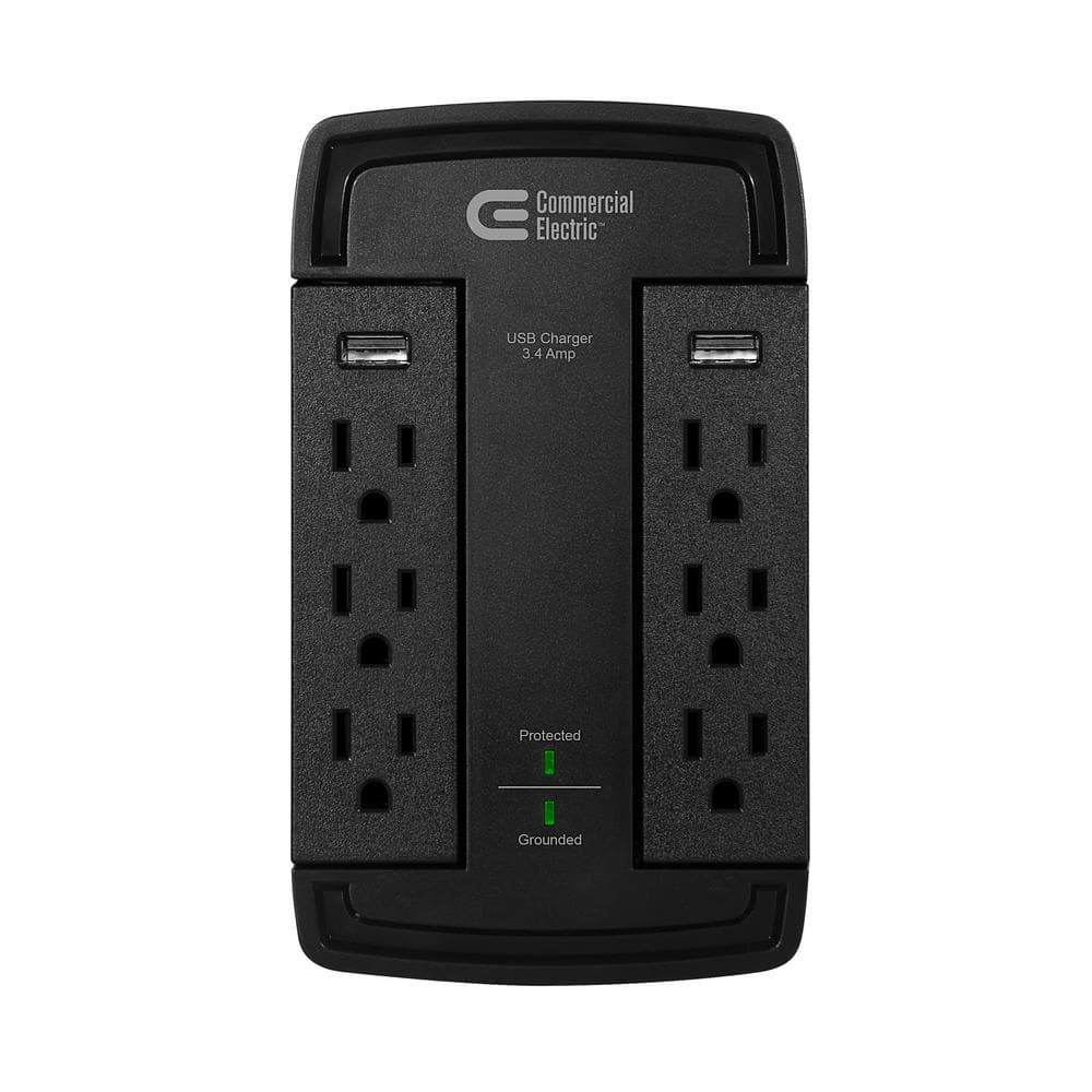 6-Outlet Wall Mounted Swivel Surge Protector with USB, Black