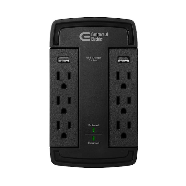 Commercial Electric 6-Outlet Wall Mounted Swivel Surge Protector with USB, Black