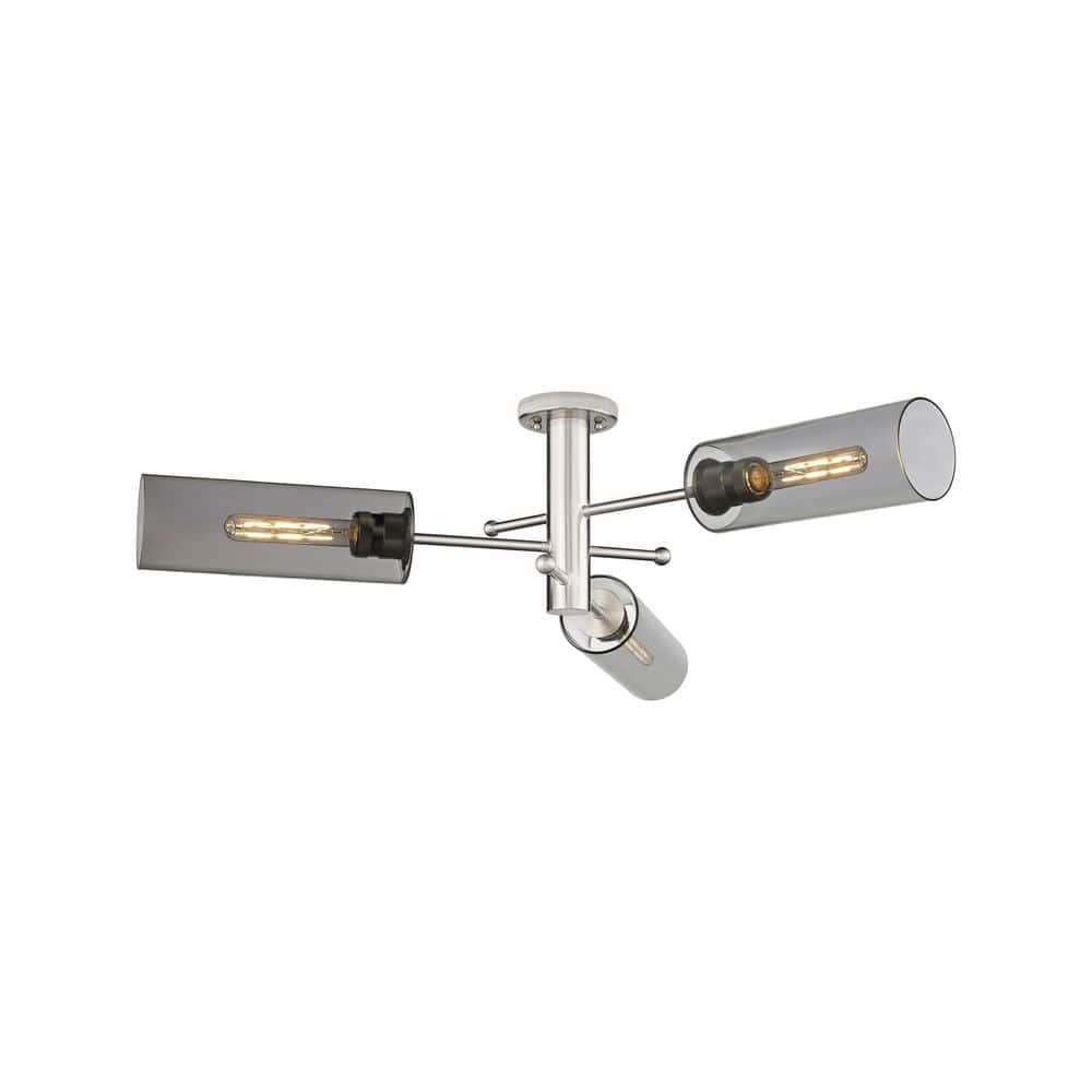 Crown Point 39.25 in. 3-Light Satin Nickel Industrial Flush Mount with Smoked Glass Shade price history on PriceWatchPro