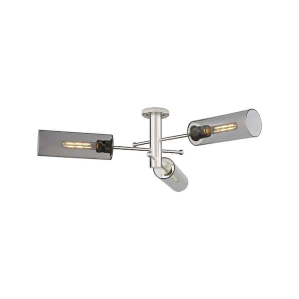 Crown Point 39.25 in. 3-Light Satin Nickel Industrial Flush Mount with Smoked Glass Shade