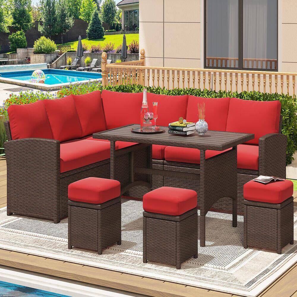7-Piece Brown Wicker Patio Conversation Set with Red Cushions Dining Table and 3 Stool for Backyard, Poolside price history on PriceWatchPro