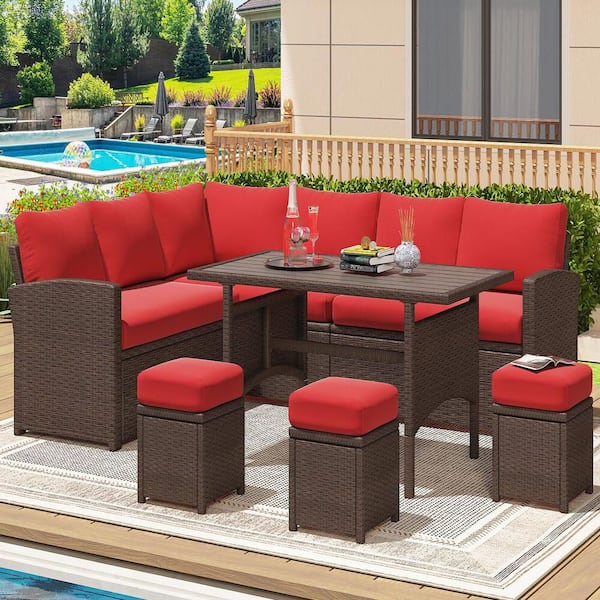 Zeus & Ruta 7-Piece Brown Wicker Patio Conversation Set with Red Cushions Dining Table and 3 Stool for Backyard, Poolside