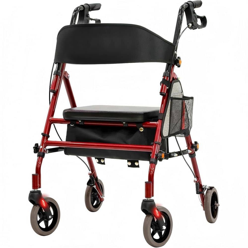 Wudkey Red Foldable Rollator Walker with Seat for Seniors, 350 lbs