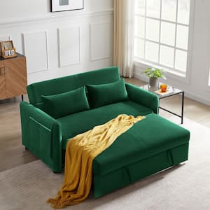 55 in. Width Green Velvet Twin Sofa Bed with Adjustable Backrest and 2 Pillows