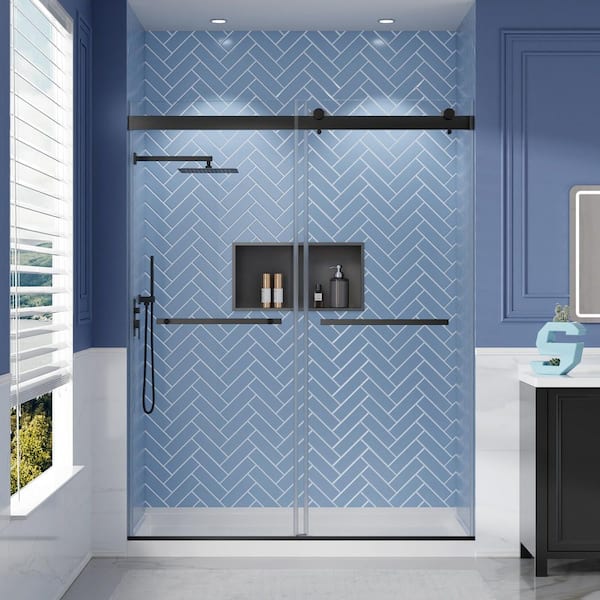 56 in to 60 in. W x 75 in. H Double Sliding Frameless Shower Door in Matte Black with Soft-Closing and Towel Handle