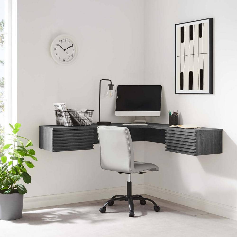 Charcoal Wood Wall-Mounted Corner Desk with Drawers