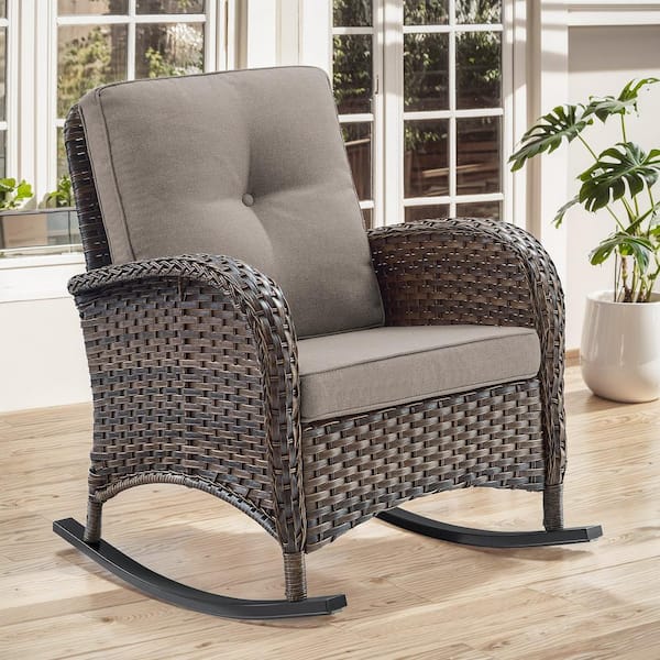 moosprr Brown Wicker Outdoor Rocking Chair with Gray Cushion (1-Pack)
