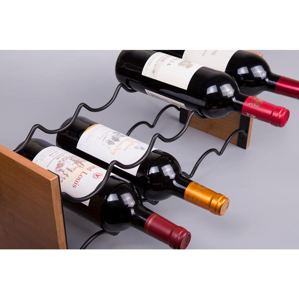 Acacia Wood and Black Steel 6-Bottle Wine Rack