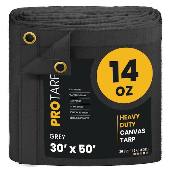 PROTARP Heavy Duty 14 OZ Water Resistant Canvas Tarp, UV Resistant Tarpaulin Cover Grey 30 ft. x 50 ft.
