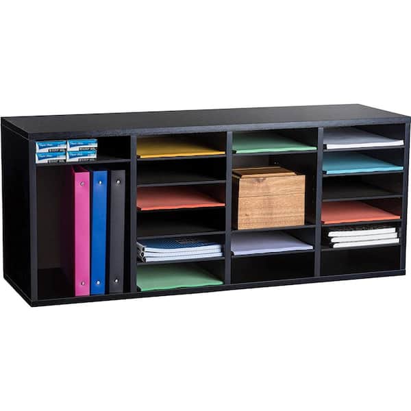 Wood Adjustable 24 Compartment Literature Organizer, Black