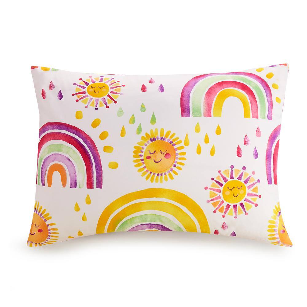 Full Pink Microfiber Reversible Comforter Set with Rainbows and Suns