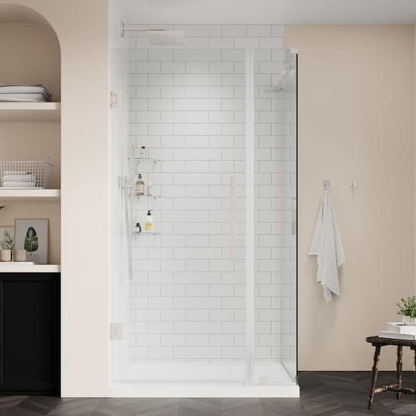 OVE Decors Tampa-Pro 36in. L x 36in. W x 75in. H Corner Shower Kit w/Pivot Frameless Shower Door in Nickel w/Shelves and Shower Pan