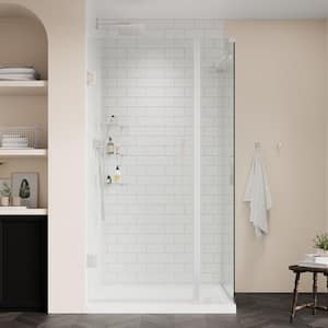 Tampa-Pro 38in. L x 32in. W x 75in. H Corner Shower Kit w/Pivot Frameless Shower Door in Nickel w/Shelves and Shower Pan