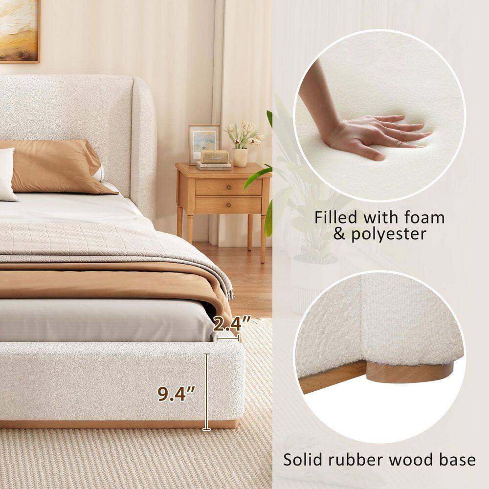 White Wood Frame Queen Size Boucle Upholstered Wingback Headboard Platform Bed with Solid Wood Base - thumbnail 6