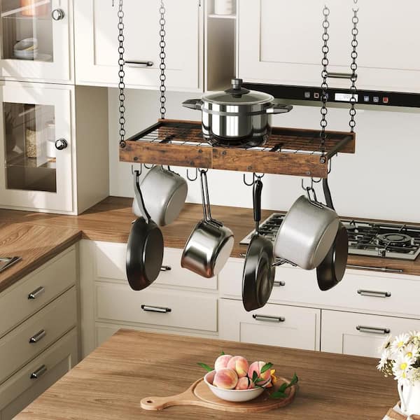 Vintage Ceiling Mounted Brown Pot Rack, Pot and Pan Hanging Rack with 12 S-Shaped Hooks, for Cookware Storage