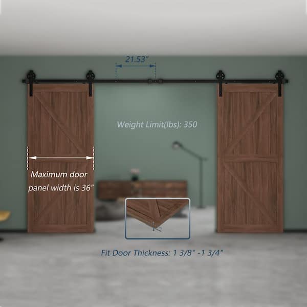 10 ft./120 in. Black Steel Sliding Barn Door Track and Hardware Kit for Double Doors with Floor GuideBigwheel J Shape)
