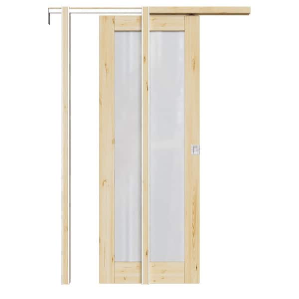 ARK DESIGN 28 in. x 80 in. 1-Lite Frosted Glass Unfinished Pine Wood Pocket Door with Hardware (Soft Close and Silver Lock Incl)