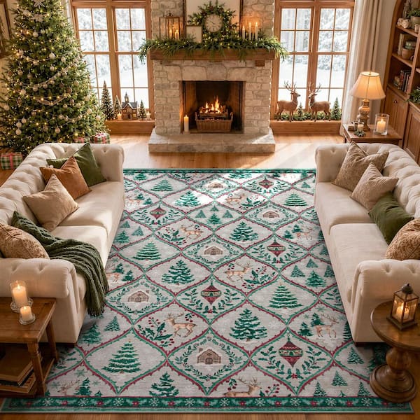 Washable Christmas Vintage Moroccan Non Slip 8 ft. x 10 ft. Beige/Green Living Room Kitchen Indoor Area Rug