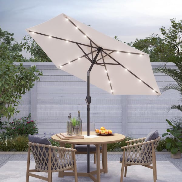 7.5 ft. Solar Lighted LED Patio Market Crank and Tilt Umbrellas, Table Umbrellas,UV-Resistant Canopy in Beige