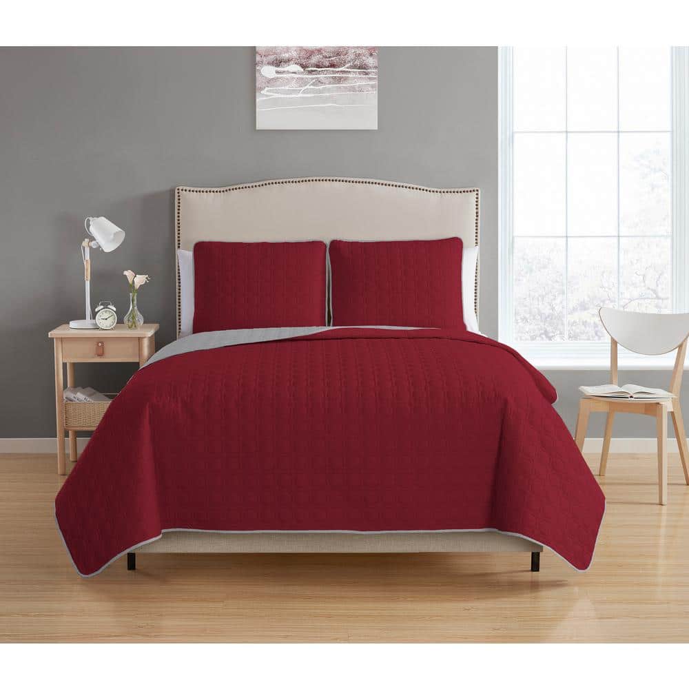 Bethany Reversible 3-piece Burgundy/Grey King Quilt Set