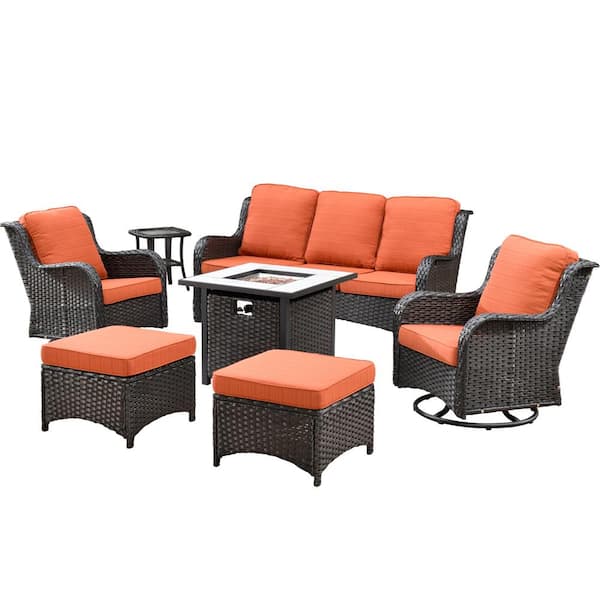 New Kenard Brown 7-Piece Wicker Patio Fire Pit Conversation Set with Orange Red Cushions and Swivel Rocking Chairs