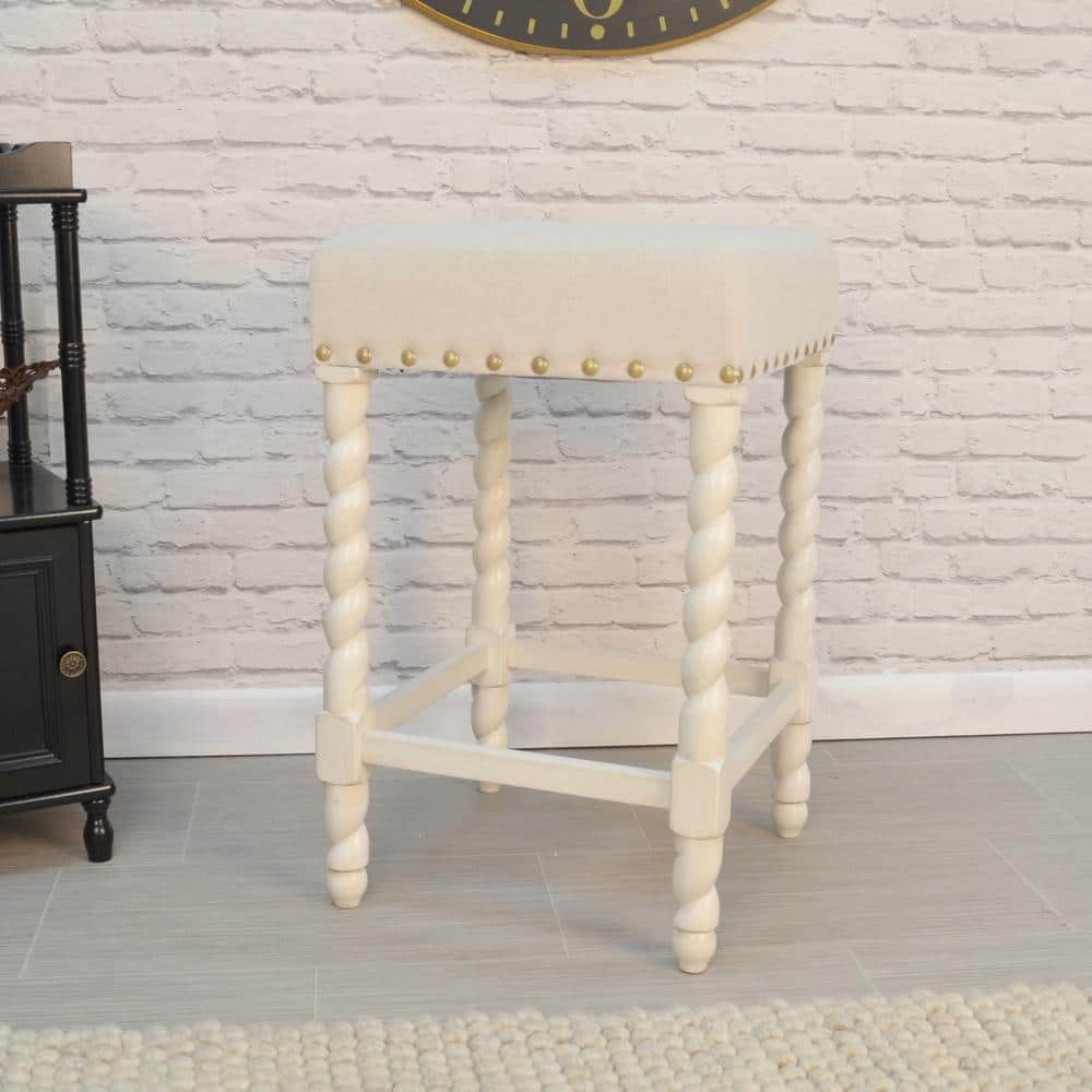 Vintage White Linen and Wood 32'' Backless Counter Stool