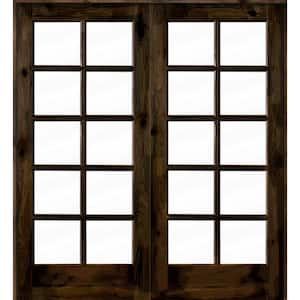 72 in. x 80 in. Knotty Alder Universal/Reversible 10-Lite Clear Glass Black Stain Wood Double Prehung French Door