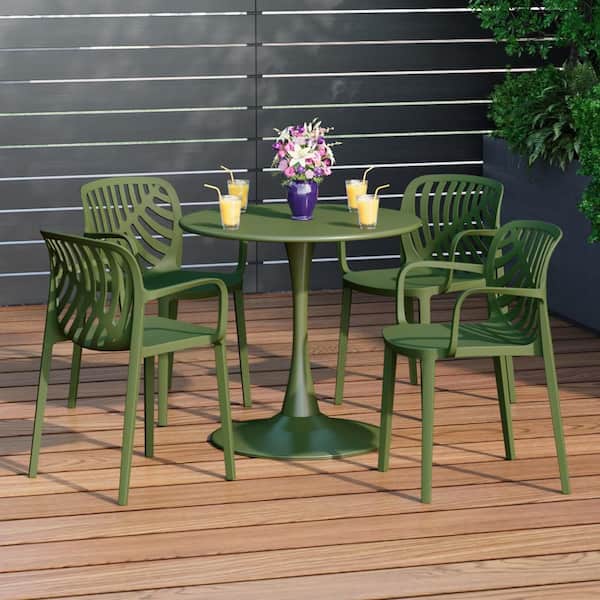 Frond and Form Outdoor Patio Modern 5-Piece Round HDPE Plastic Dining Table Set with Stackable Chairs, Olive Green