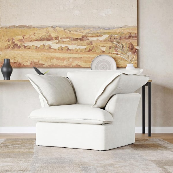 Magic Home 43.3 in. Overstuffed Down Filled Comfort Accent Chair Linen Flannel Modular Single Sofa Chair, White