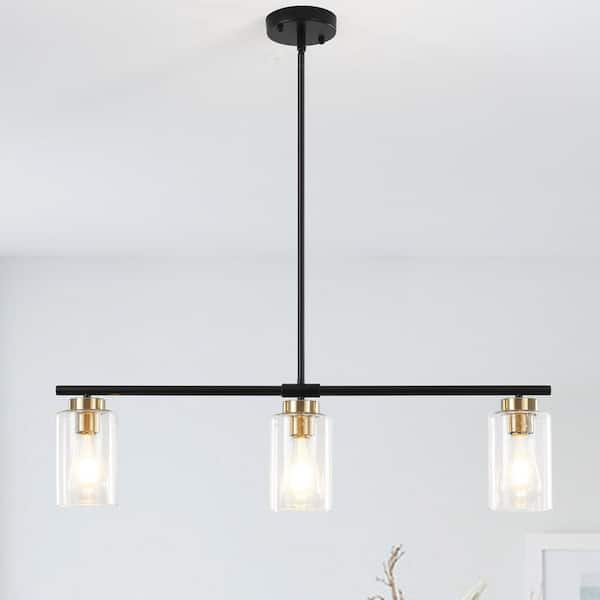 3-Light Black and Brass Hanging Linear Chandelier Lighting with Glass Shade for Kitchen Island with no bulbs included