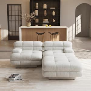 73 in. Square Arm Teddy Velvet L Shape Deep Seat Modular Sofa with Movable Ottoman in. Beige