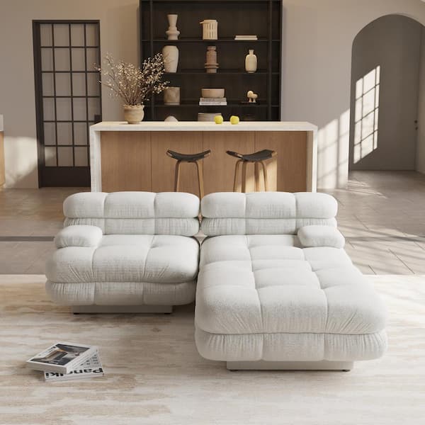 J&E Home 73.23 in. Square Arm 3-piece Teddy Velvet Deep Seat Modular Sectional Sofa with Adjustable Armrest in. Light Beige