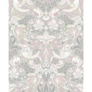 Light Grey and Rose Petal Fragaria Garden Unpasted Nonwoven Paper Wallpaper Roll 57.5 sq. ft.