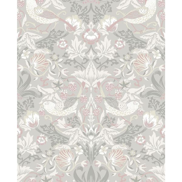 Seabrook Designs Light Grey and Rose Petal Fragaria Garden Unpasted Nonwoven Paper Wallpaper Roll 57.5 sq. ft.
