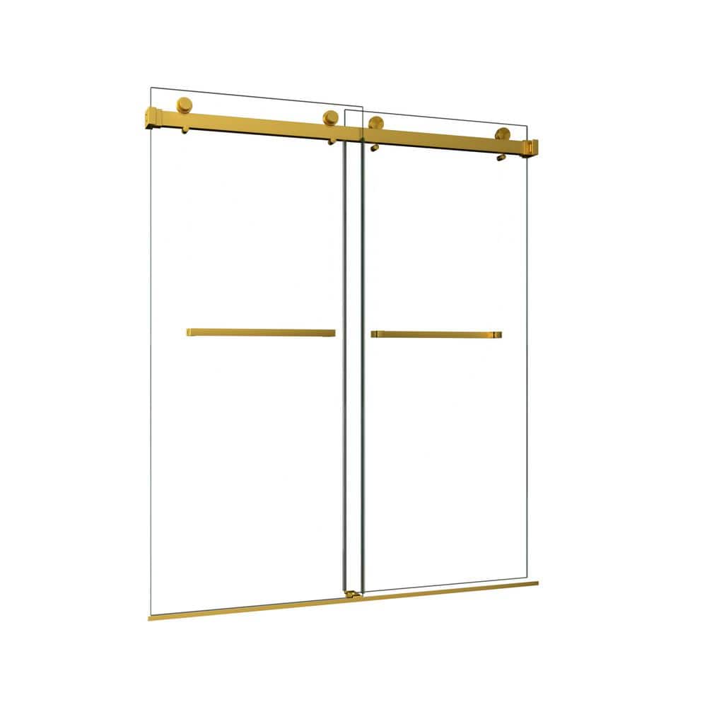 60 in. W x 72 in. H Double Sliding Frameless Shower Door in Brushed Gold wi