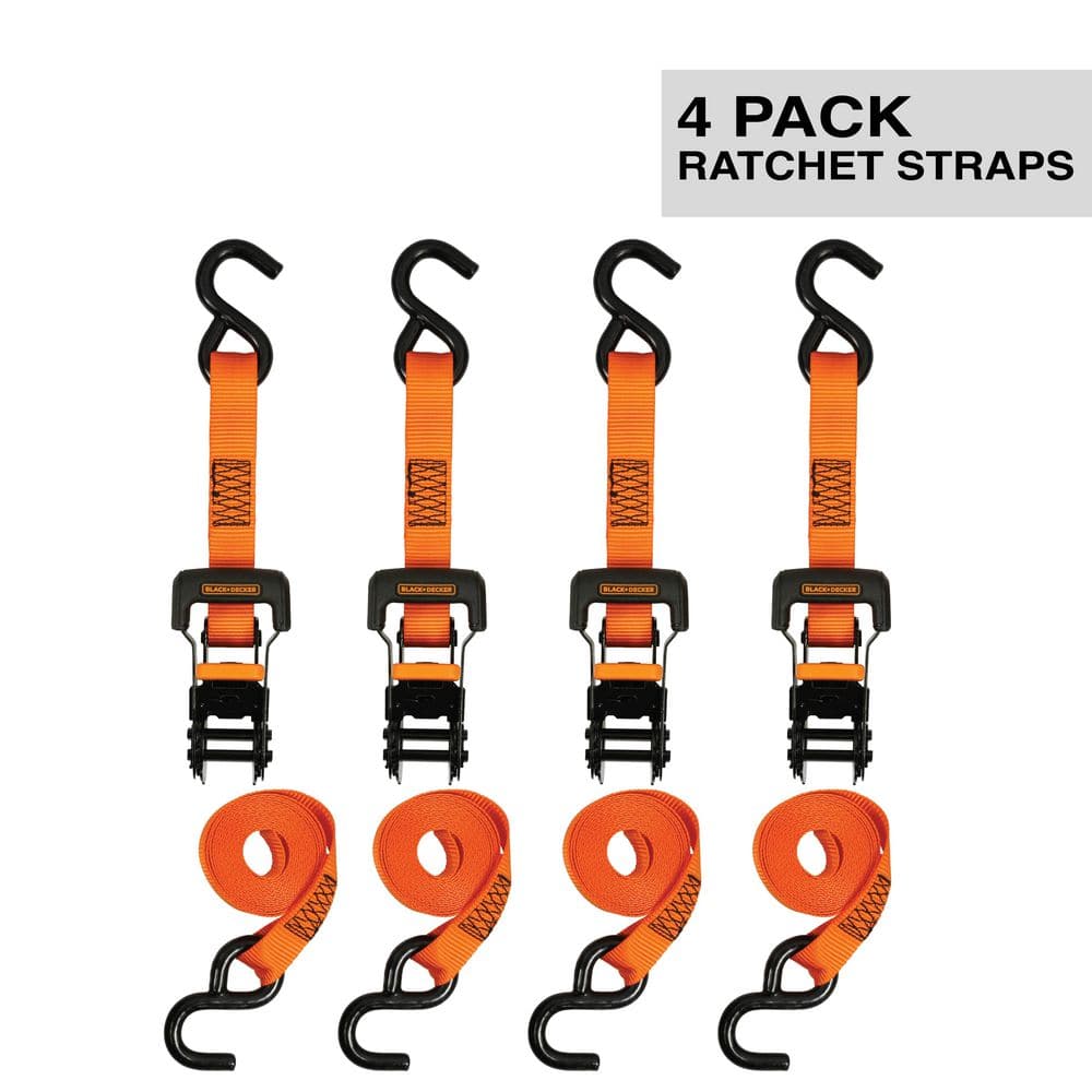 Black and Orange Adjustable Metal Ratchet Tie Down Straps, 4-Pack