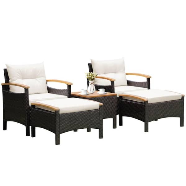 5-Piece Rattan Wicker Patio Conversation Set with White Cushions Acacia Wood Tabletop and Armrests