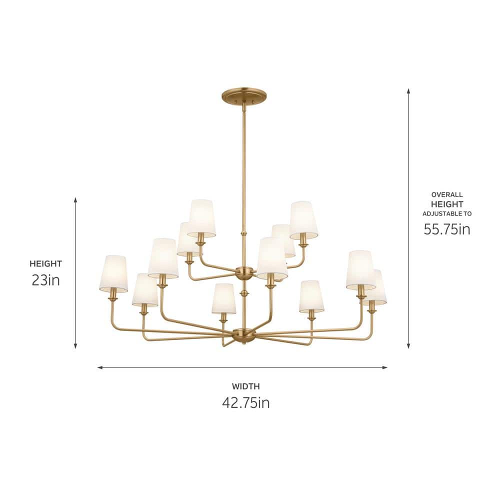 Brushed Natural Brass 12-Light Chandelier with Fabric Bell Shades