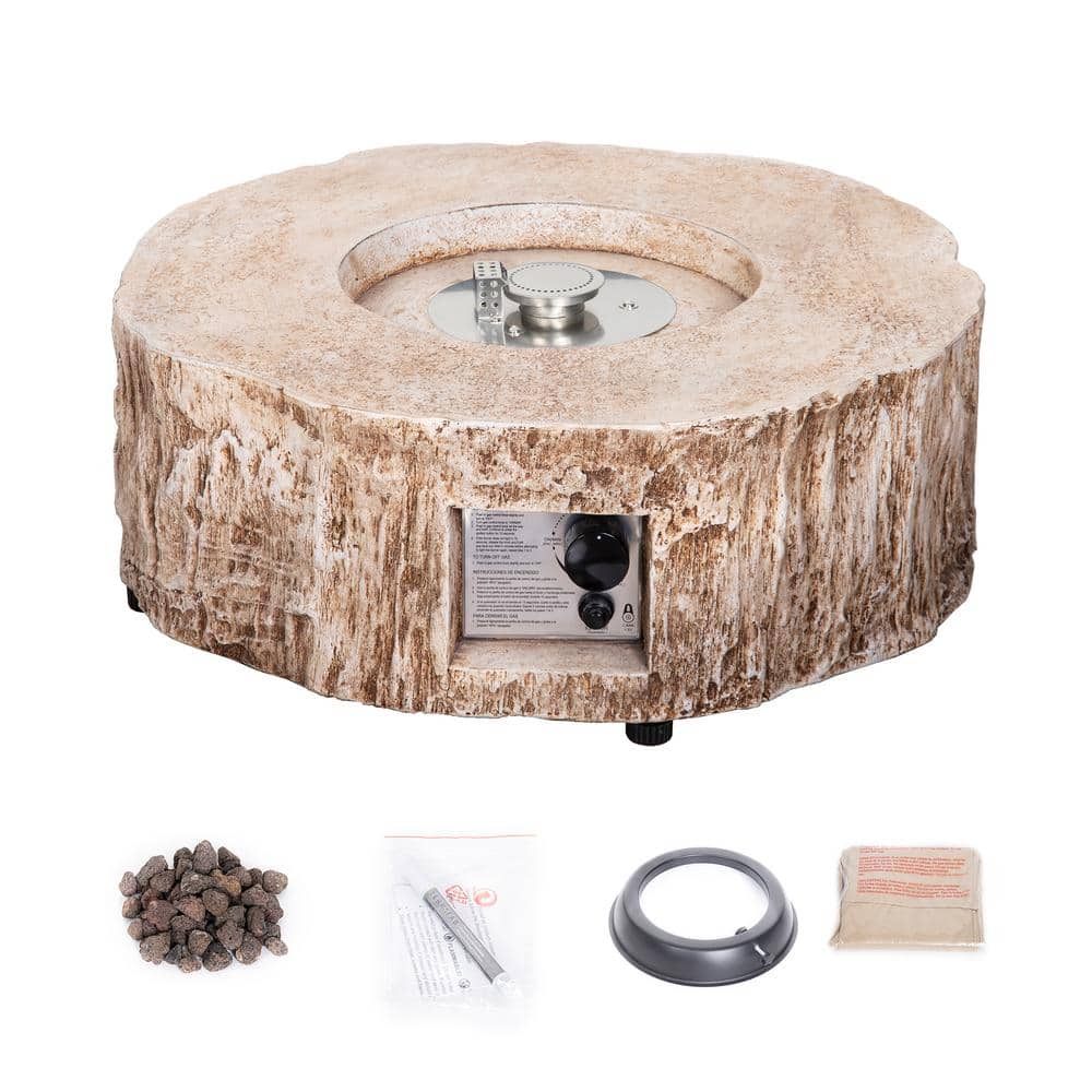 28 in. Ore Powder 30,000 BTU Exterior Faux Stone Propane Fire Pit with Water Proof Cover and Lava Rock Brown