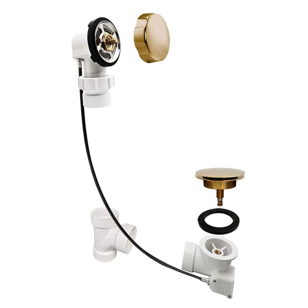 27 in. Cable Drive Bath Drain with Rotary Overflow Cover on a Ball Joint, Pop-Up Stopper-Sch. 40 PVC, Polished Brass