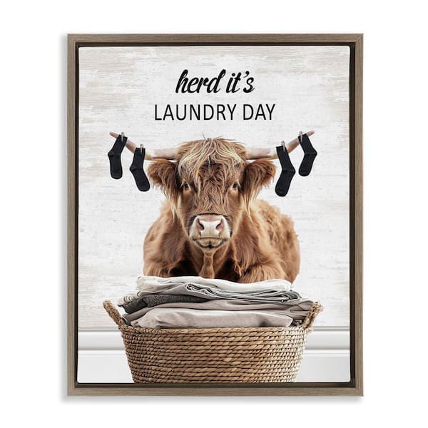Laundry Cattle with Hanging Socks by Lettered and Lined Brown Floater Frame Typography Graphic Art Print 31 in. x 25 in.
