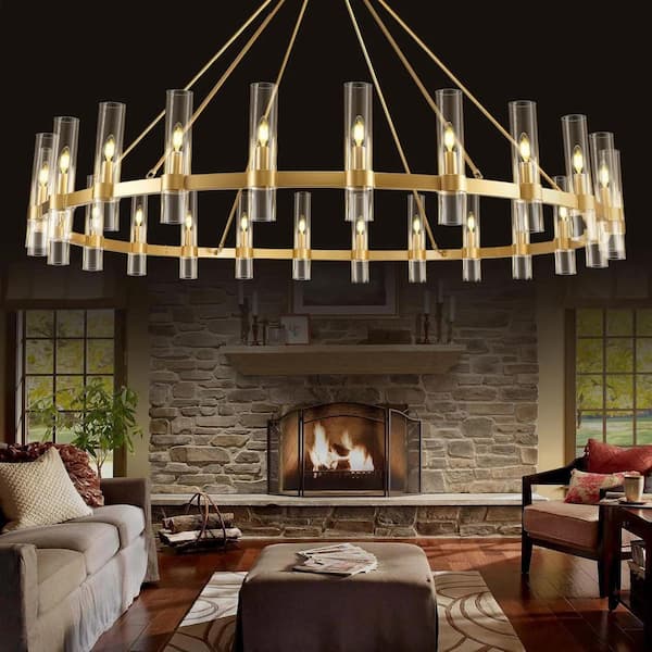 24-Light 70 in. Dimmable Wagon Wheel Gold Chandelier with Glass Shade, for Living Room, Dining Room, Bedroom Hallway