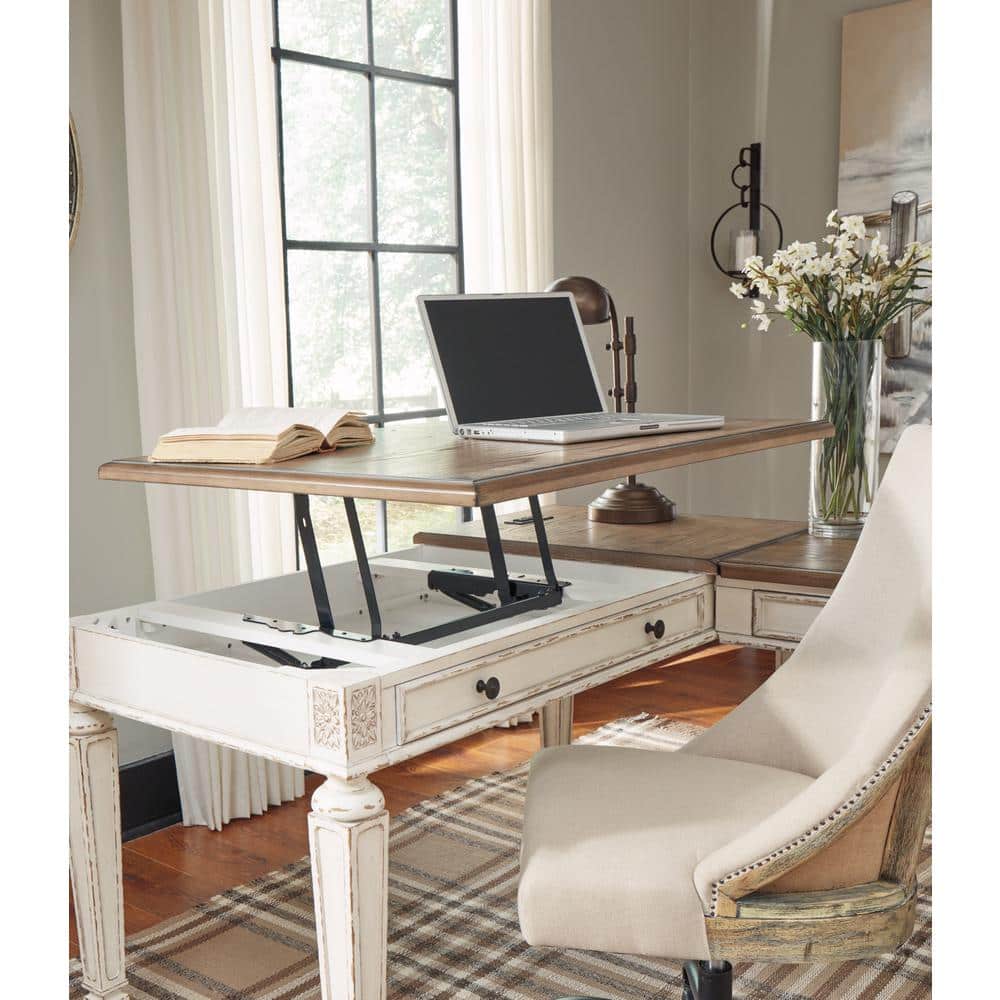 Rustic White & Brown Home Office Desk with Power Outlets and USB Ports