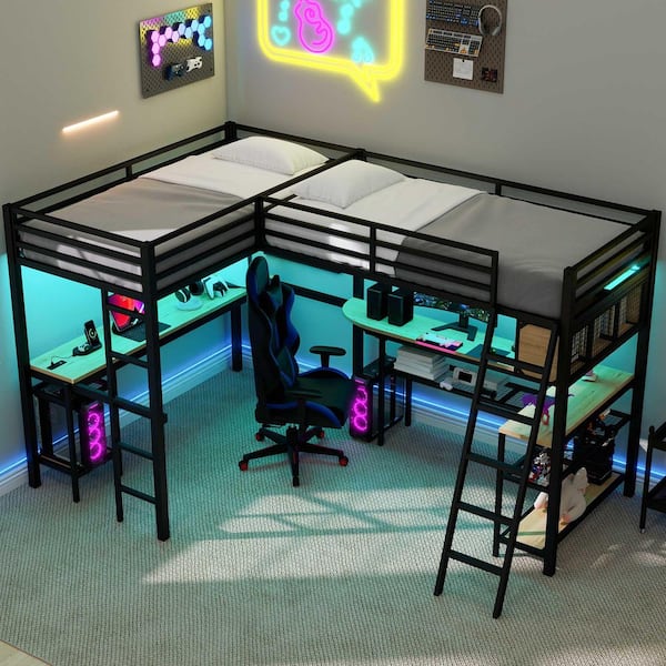 Black Metal Twin Size L-Shaped Loft Bed with LED Light, 2 Desks, USB Charging Station, Computer Racks, Grid Shelves