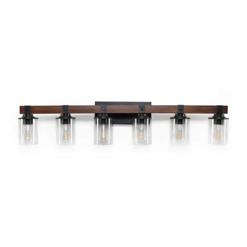 42.3 in. 6-Light Walnut+black Farmhouse Vanity Light with Clear Glass Lamps